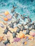 Watercolor illustration of baby sea turtles hatching, crawling across a sandy beach with seashells and coral, heading into the turquoise ocean waves. Perfect for nature lovers and inspiring cards.