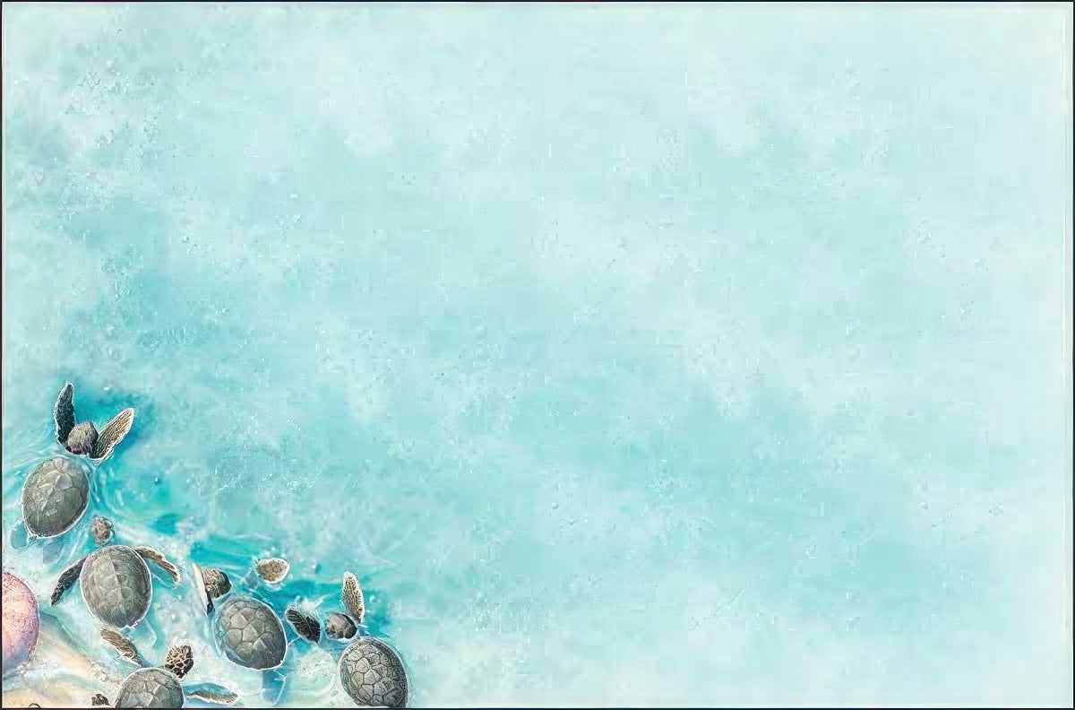 Close-up detail of several hatchling sea turtles in light blue ocean water near a sandy beach with seashells, ideal for tranquil greeting cards and ocean-themed stationery.
