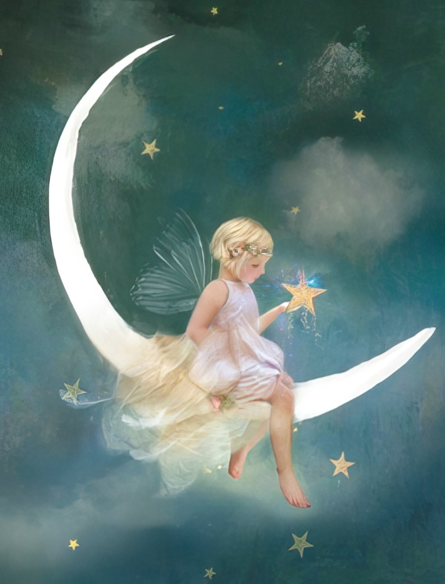 Angel sitting on crescent moon