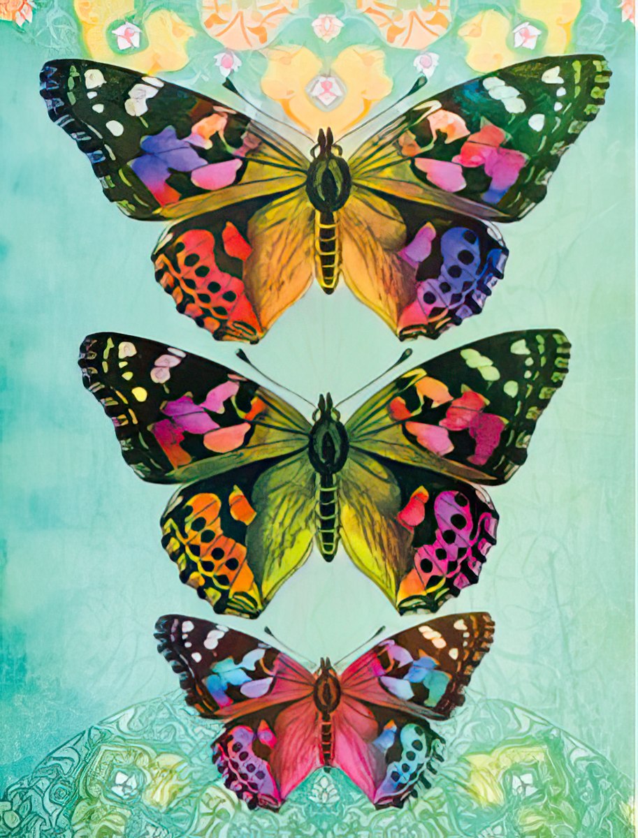 Vibrant butterfly greeting card set featuring three colorful painted butterflies on a serene teal and green background, ideal for any occasion.