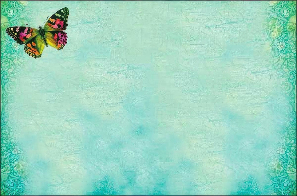 Blank interior of a butterfly greeting card with a single colorful butterfly accent in the corner and ornate teal border, perfect for personal messages.