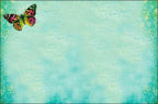 Blank interior of a butterfly greeting card with a single colorful butterfly accent in the corner and ornate teal border, perfect for personal messages.