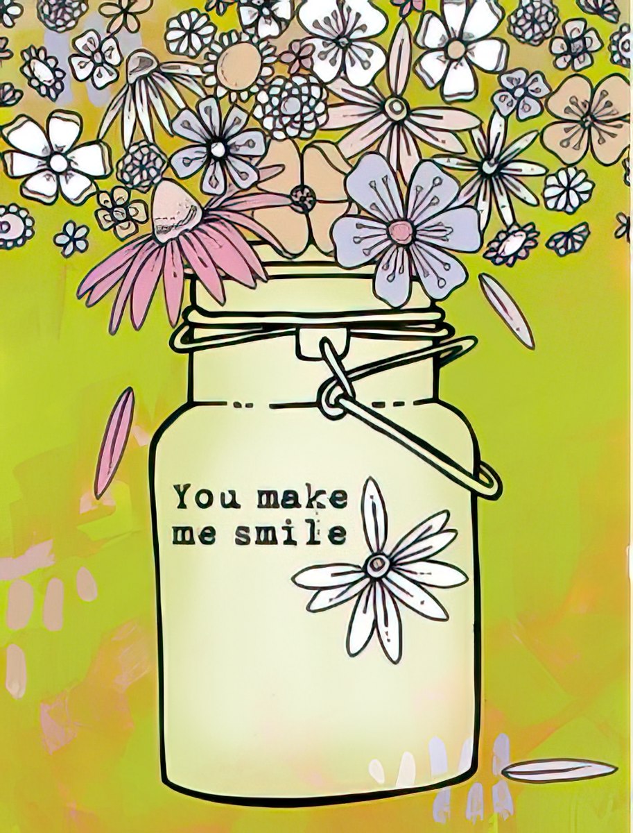 Whimsical floral greeting card with 'You make me smile' on a mason jar, overflowing with colorful hand-drawn flowers against a vibrant lime green background.
