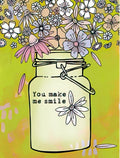 Whimsical floral greeting card with 'You make me smile' on a mason jar, overflowing with colorful hand-drawn flowers against a vibrant lime green background.