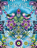 Elegant thank you greeting card front with two colorful birds, purple and green floral mandala patterns, and 'A Note of Thanks' text on a vibrant blue background.