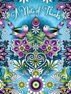 Elegant thank you greeting card front with two colorful birds, purple and green floral mandala patterns, and 'A Note of Thanks' text on a vibrant blue background.