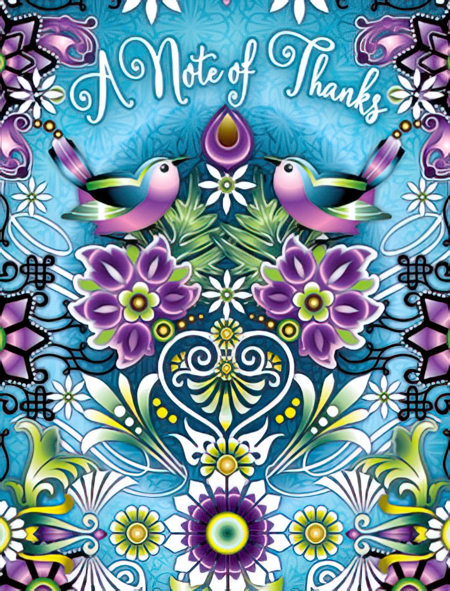 Elegant thank you greeting card front with two colorful birds, purple and green floral mandala patterns, and 'A Note of Thanks' text on a vibrant blue background.