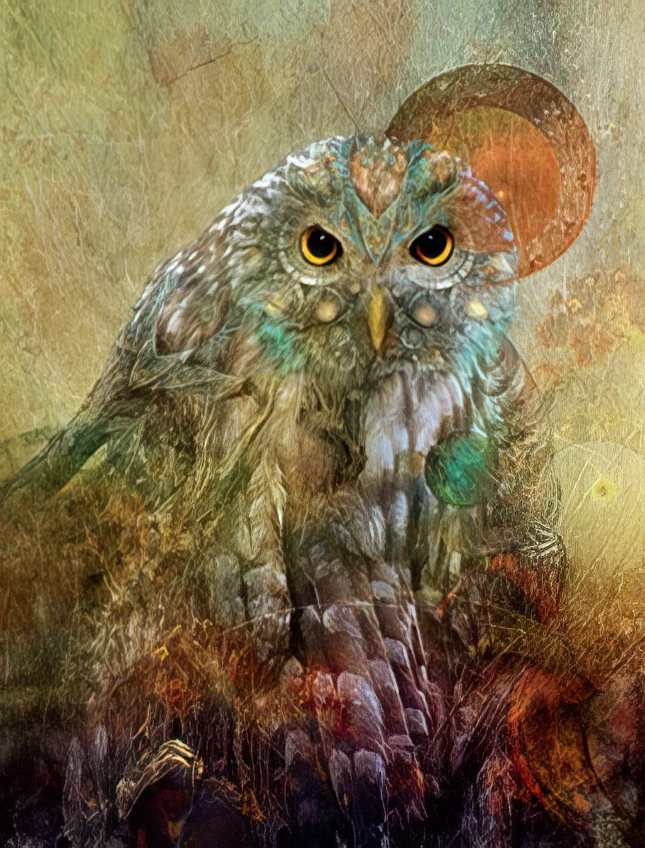Close-up of a majestic, artistic owl with intricate feathers, glowing golden eyes, and a warm, earthy halo effect, perfect for an inspiring greeting card.