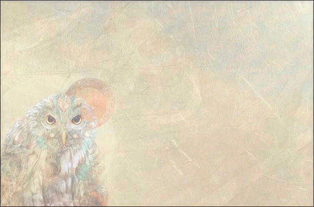 Elegant blank greeting card background featuring a detailed artistic owl peeking from the left, offering ample textured space for heartfelt, inspiring messages.