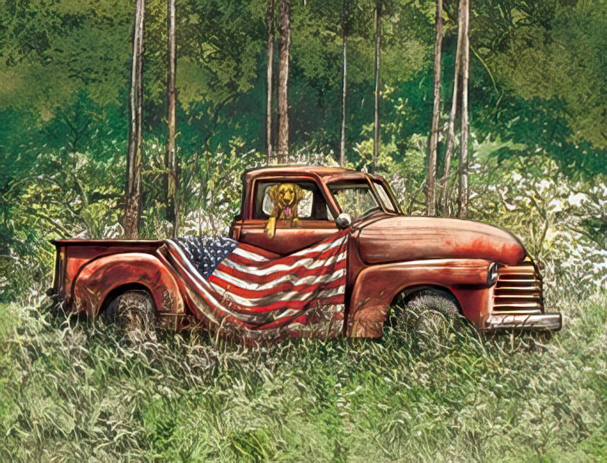 Red Pickup with American Flag