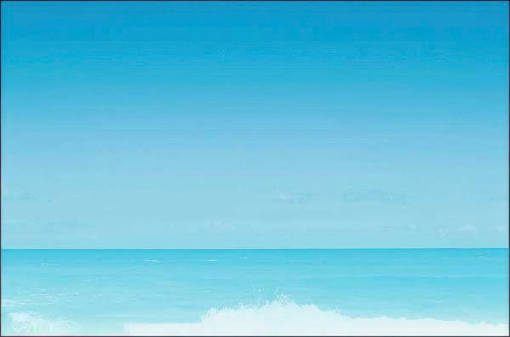 Calm blue ocean horizon with a distant wave breaking, representing peace and vast appreciation.