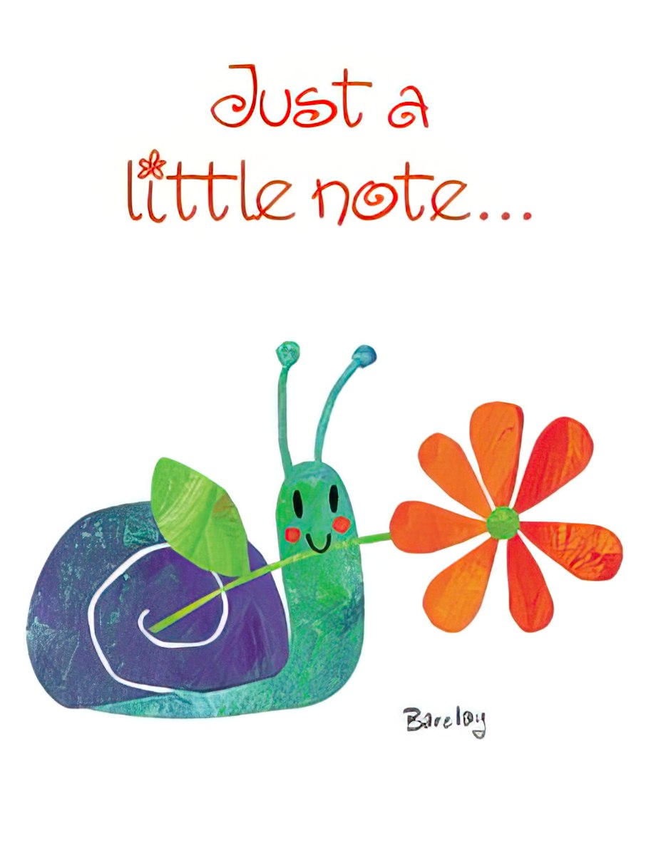 Adorable snail character holding a vibrant orange flower on a white greeting card cover with the phrase 'Just a little note...' in red script.