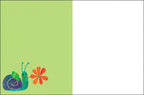 Inside view of a greeting card featuring a charming green and blue snail holding an orange flower on a light green panel, with ample white space for writing a personal message.