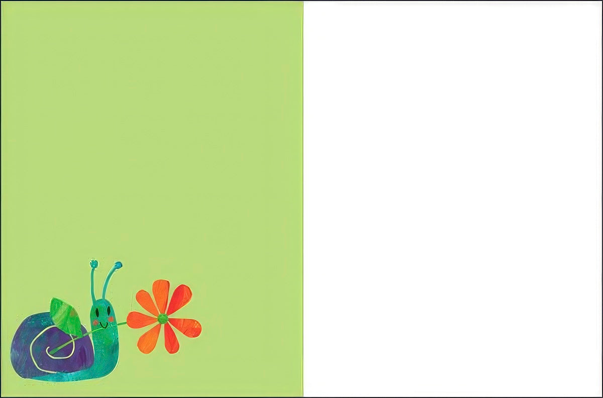 Inside view of a greeting card featuring a charming green and blue snail holding an orange flower on a light green panel, with ample white space for writing a personal message.