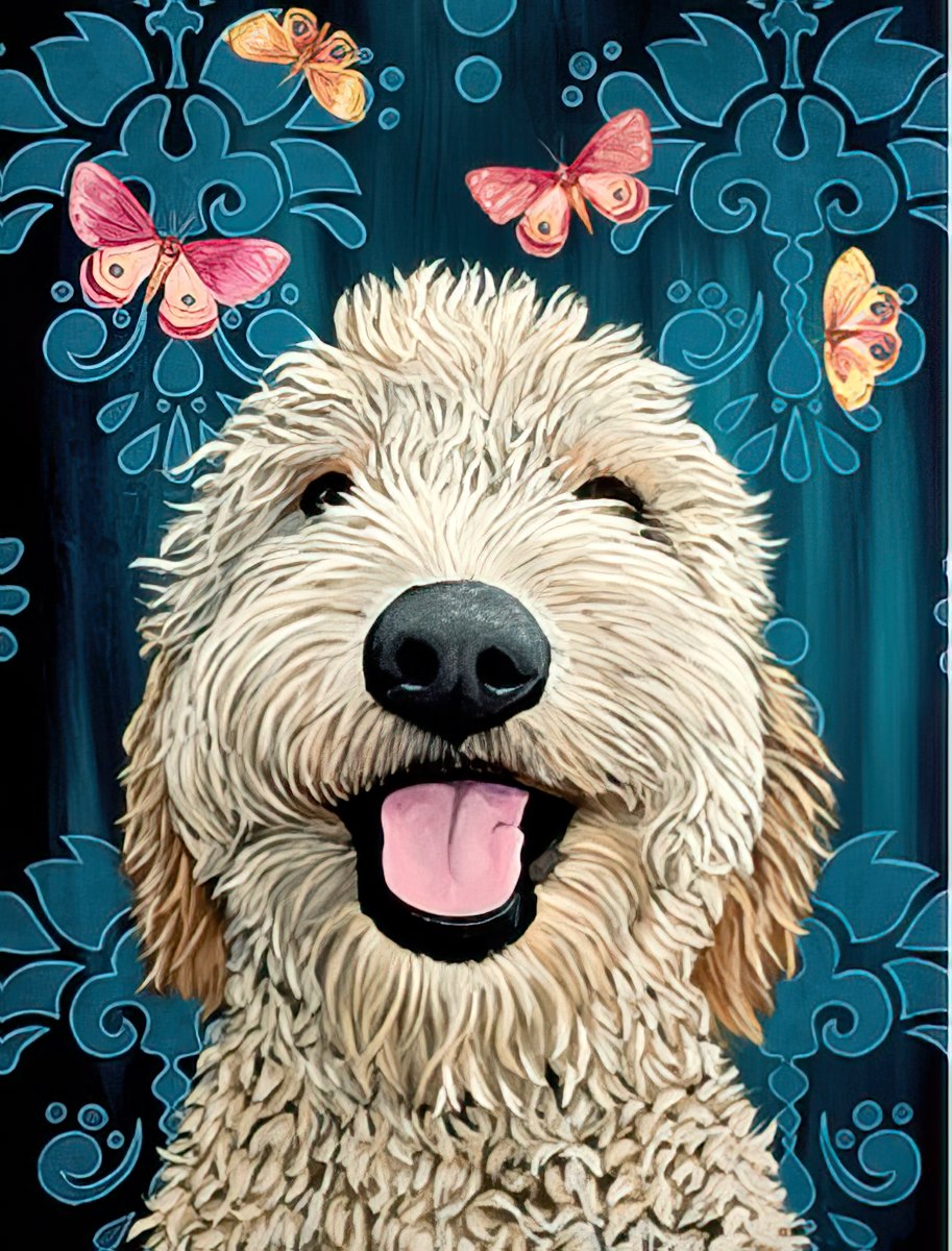 Close-up of a smiling fluffy golden doodle dog with its tongue playfully out, surrounded by vibrant pink and yellow butterflies against a dark blue damask-like patterned background. SEO for cute dog greeting cards.