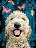 Close-up of a smiling fluffy golden doodle dog with its tongue playfully out, surrounded by vibrant pink and yellow butterflies against a dark blue damask-like patterned background. SEO for cute dog greeting cards.