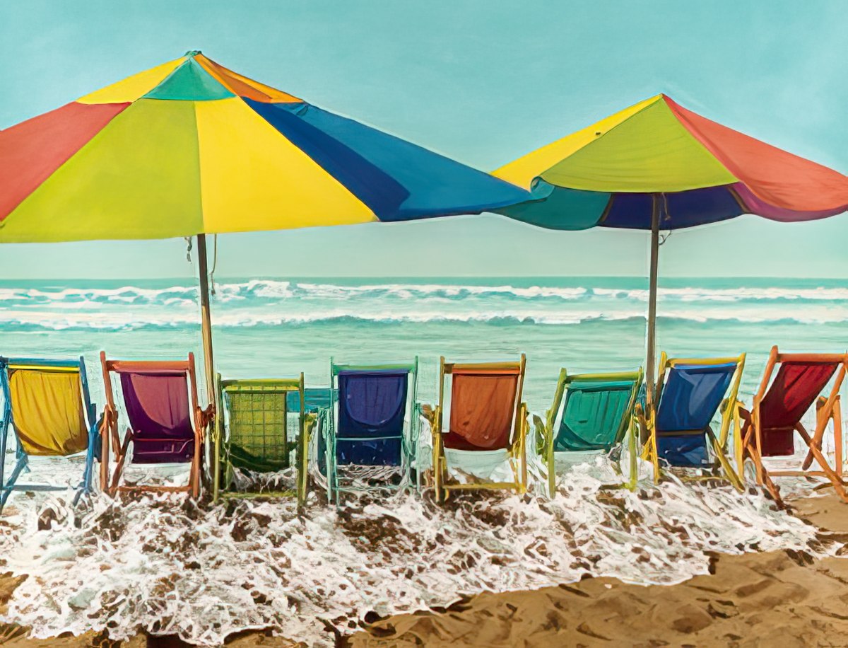 Beach chairs under umbrellas