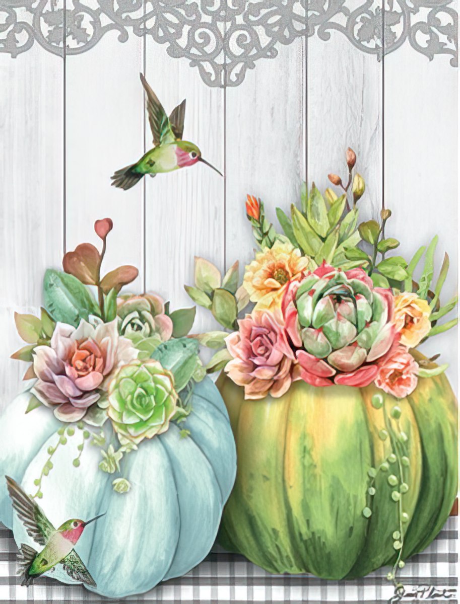 Charming greeting card design featuring two pastel pumpkins, one light blue and one green, overflowing with vibrant succulent arrangements and delicate pink roses. Two hummingbirds gracefully flutter around the botanical display, set against a rustic white wooden background with ornate gray detailing and a black and white checkered border. Ideal for sending cheerful wishes.