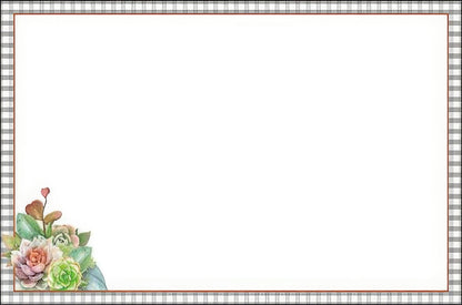 Blank interior of a greeting card with a small cluster of watercolor succulents in the bottom left corner and a checkered border.