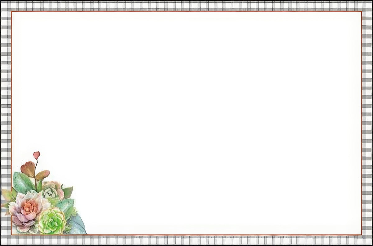 Elegant blank greeting card with a minimalist design, featuring a corner embellishment of colorful succulents and soft pink roses on a crisp white background. The card is framed by a stylish black and white checkered border, perfect for personalized messages to friends or loved ones.