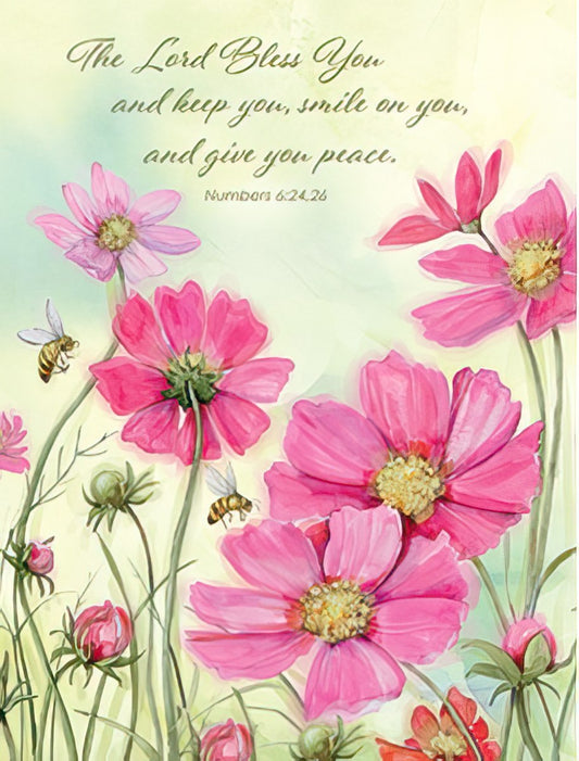 Religious greeting card with Numbers 6:24-26 verse, pink cosmos flowers, and bees on a light green background.