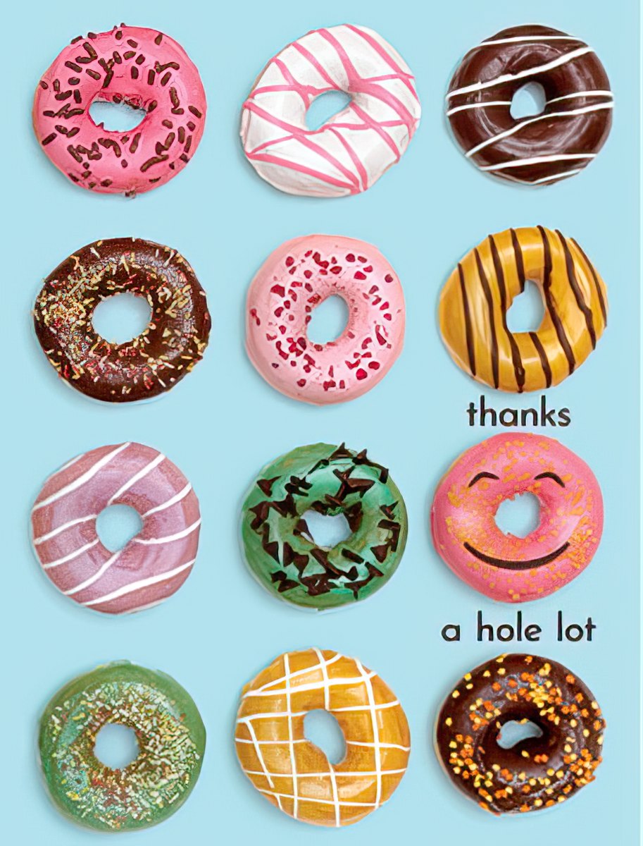 Vibrant thank you greeting card featuring a grid of twelve colorful, frosted donuts with sprinkles on a light blue background, playfully stating 'thanks a hole lot' in white text, perfect for expressing appreciation in a fun way.