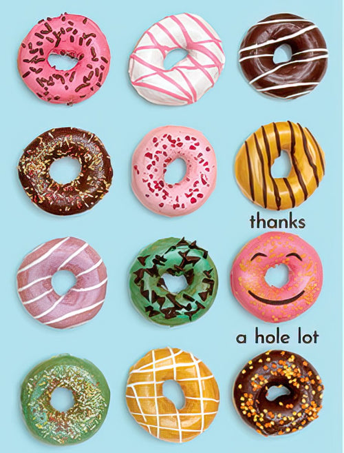 Vibrant thank you greeting card featuring a grid of twelve colorful, frosted donuts with sprinkles on a light blue background, playfully stating 'thanks a hole lot' in white text, perfect for expressing appreciation in a fun way.