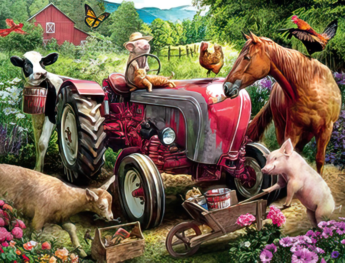 FARM ANIMALS HANGING OUT IN FARMYARD with red tractor