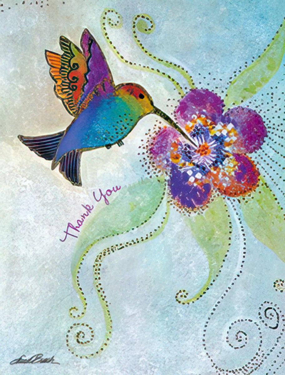 Artistic watercolor thank you greeting card featuring a vibrant rainbow hummingbird and a stylized purple flower, perfect for showing appreciation.