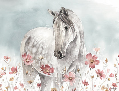 Watercolor illustration of a graceful white horse standing in a vibrant field of pink and orange flowers under a light blue sky.