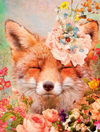 Whimsical red fox with closed eyes, adorned with a large peach flower and surrounded by vibrant pink, orange, and yellow blooms, a perfect illustration for a cute greeting card set.