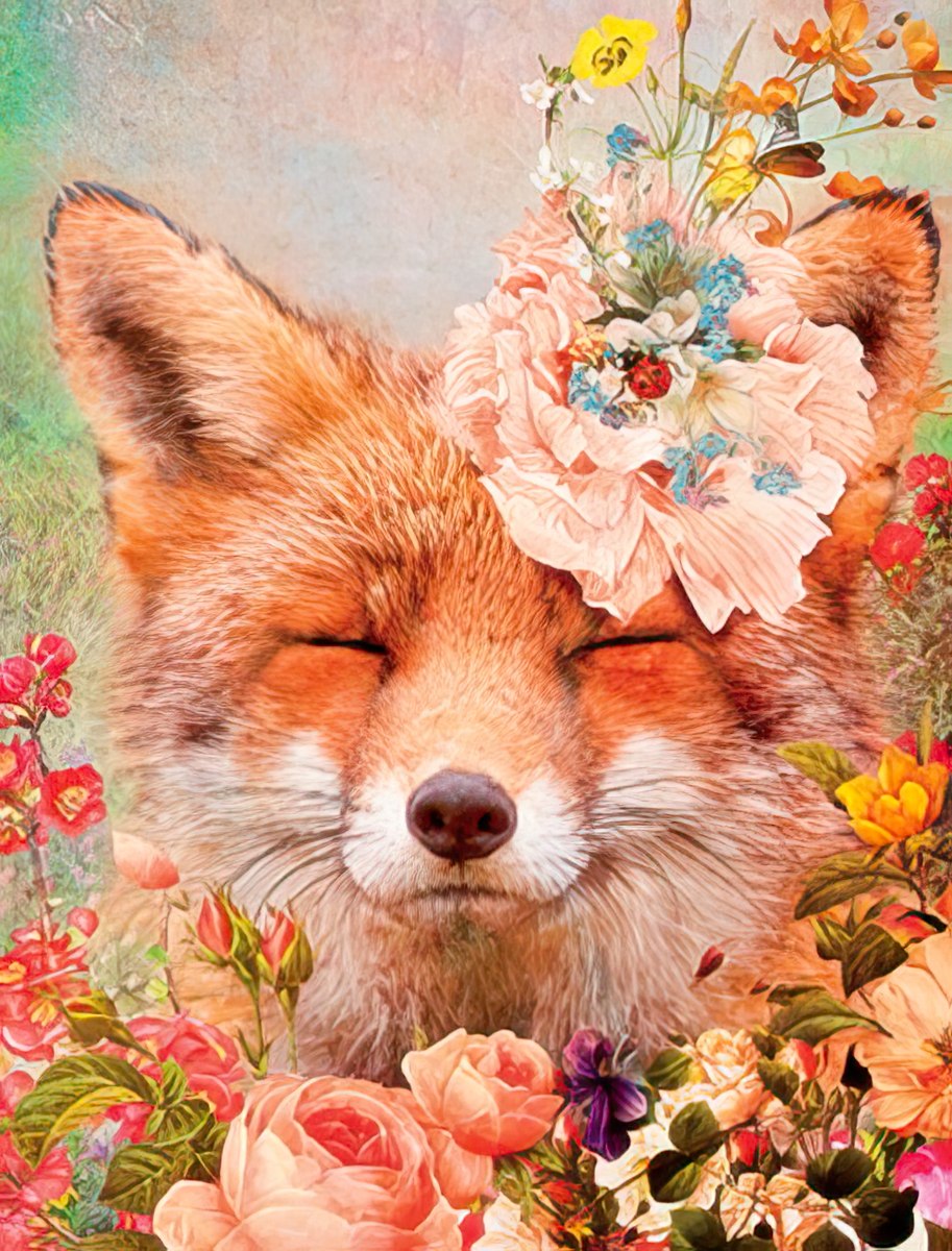 Whimsical red fox with closed eyes, adorned with a large peach flower and surrounded by vibrant pink, orange, and yellow blooms, a perfect illustration for a cute greeting card set.