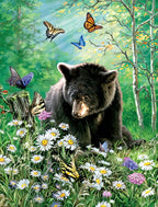 Adorable black bear surrounded by vibrant butterflies and white daisy flowers in a sunlit forest meadow, perfect for nature-themed greeting cards.