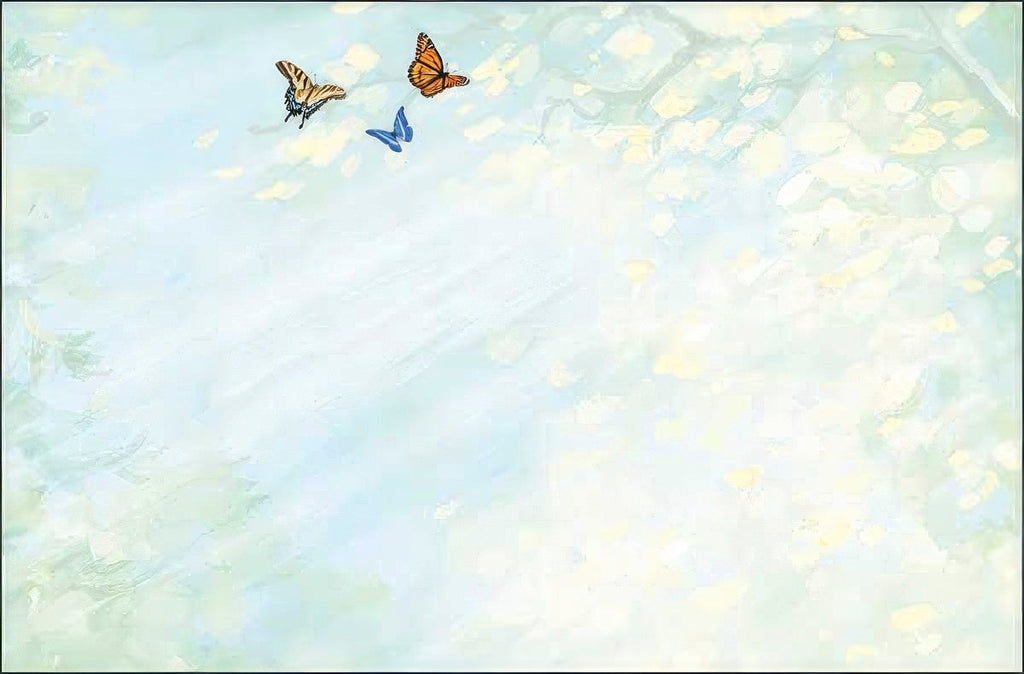 Serene light blue and green abstract background with three flying butterflies, suitable for peaceful and gentle greeting card designs.