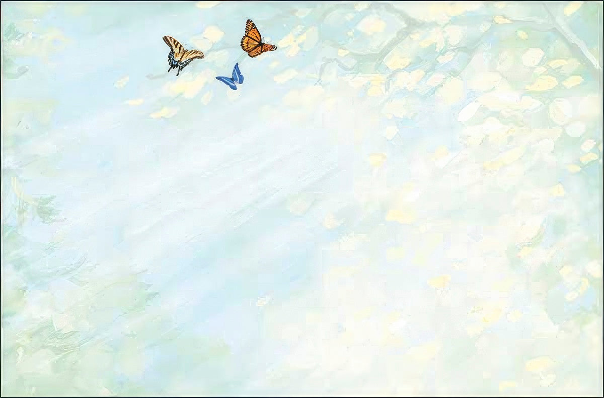Serene light blue and green abstract background with three flying butterflies, suitable for peaceful and gentle greeting card designs.