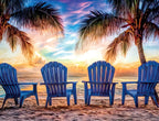 Four empty blue Adirondack chairs facing a vibrant sunset over a calm ocean beach with tropical palm trees, evoking relaxation and shared moments. Perfect for a greeting card design.