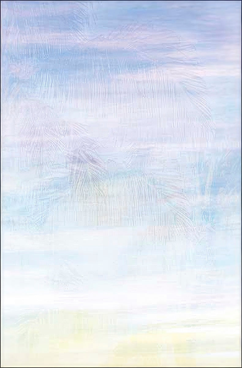 A serene, light blue and white textured background with subtle, faded impressions of palm fronds and a soft horizon line, ideal for adding a personal message inside a greeting card.