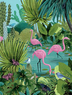 Vibrant greeting card featuring a lush tropical oasis illustration with three pink flamingos wading in serene blue water, surrounded by diverse green foliage, tall cacti, exotic butterflies, and small blue birds. Perfect for nature lovers.