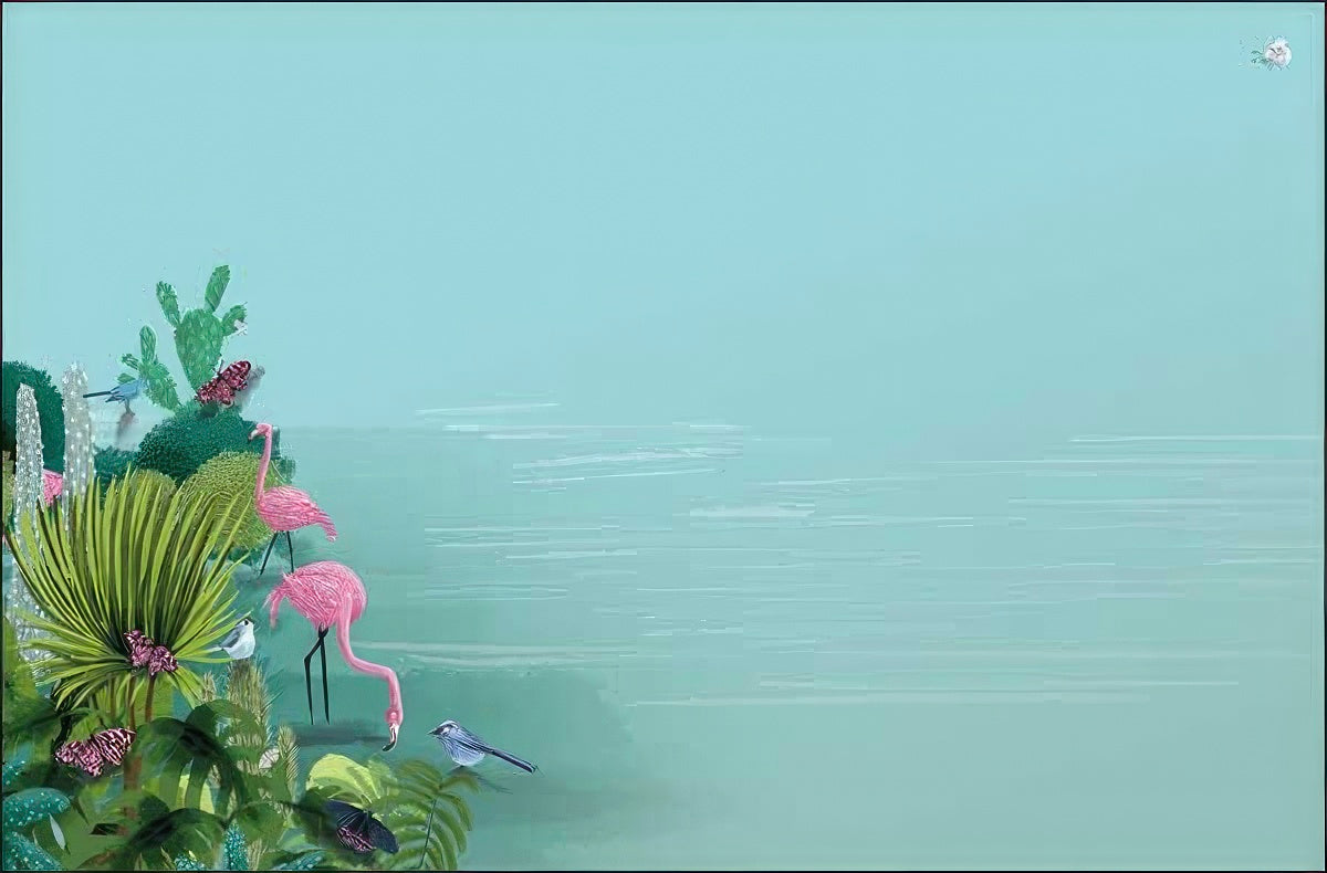 Panoramic greeting card design showing a tranquil turquoise water scene with a vibrant tropical border on the left, showcasing pink flamingos, butterflies, and various green plants, offering ample space for a personalized message.