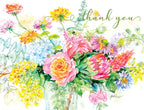 Vibrant watercolor floral thank you greeting card set, featuring a bouquet of pink roses, yellow and purple wildflowers, and green foliage, perfect for expressing gratitude.