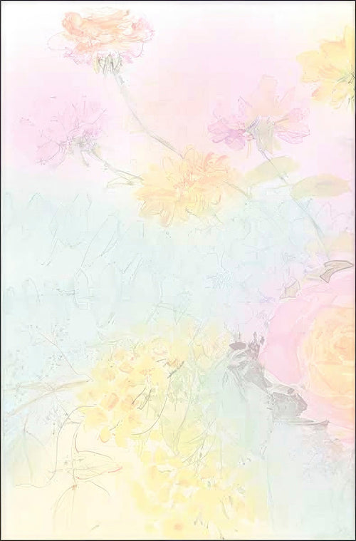 Soft pastel watercolor floral background for a thank you card, featuring delicate pink, yellow, and blue blooms, suitable for personal messages.