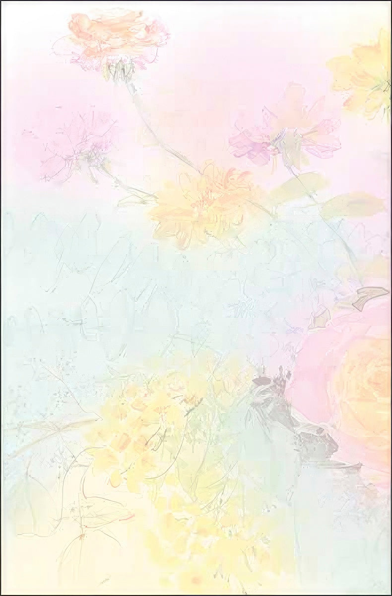Soft pastel watercolor background of pink, yellow, and blue floral details, ideal for a customizable interior or back of a blank greeting card.