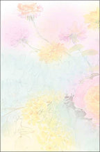 Soft pastel watercolor background of pink, yellow, and blue floral details, ideal for a customizable interior or back of a blank greeting card.