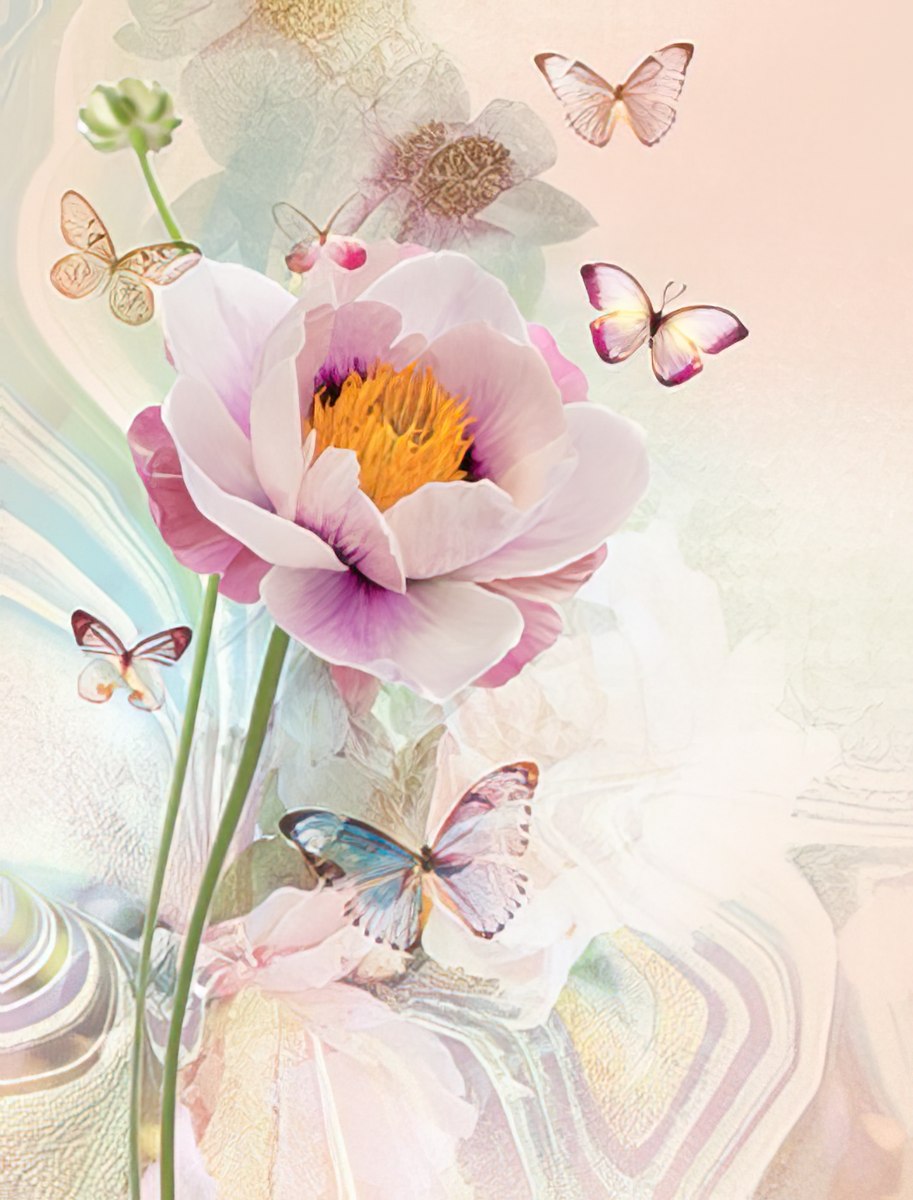 Close-up of a vibrant pink peony with a golden yellow center, surrounded by multiple delicate pastel-colored butterflies, set against a soft, abstract watercolor background. Ideal for a beautiful greeting card design.