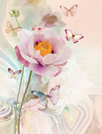 Close-up of a vibrant pink peony with a golden yellow center, surrounded by multiple delicate pastel-colored butterflies, set against a soft, abstract watercolor background. Ideal for a beautiful greeting card design.