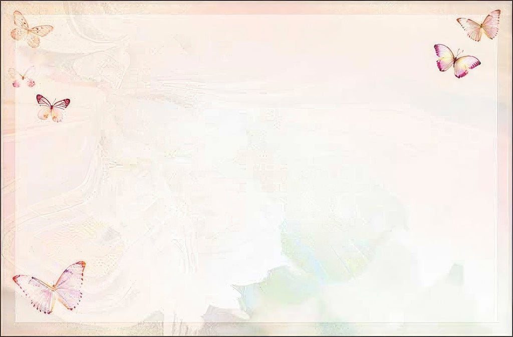 Blank greeting card background featuring a soft, muted pastel watercolor wash, with small, graceful butterflies subtly adorning the corners. Perfect for personal handwritten messages.