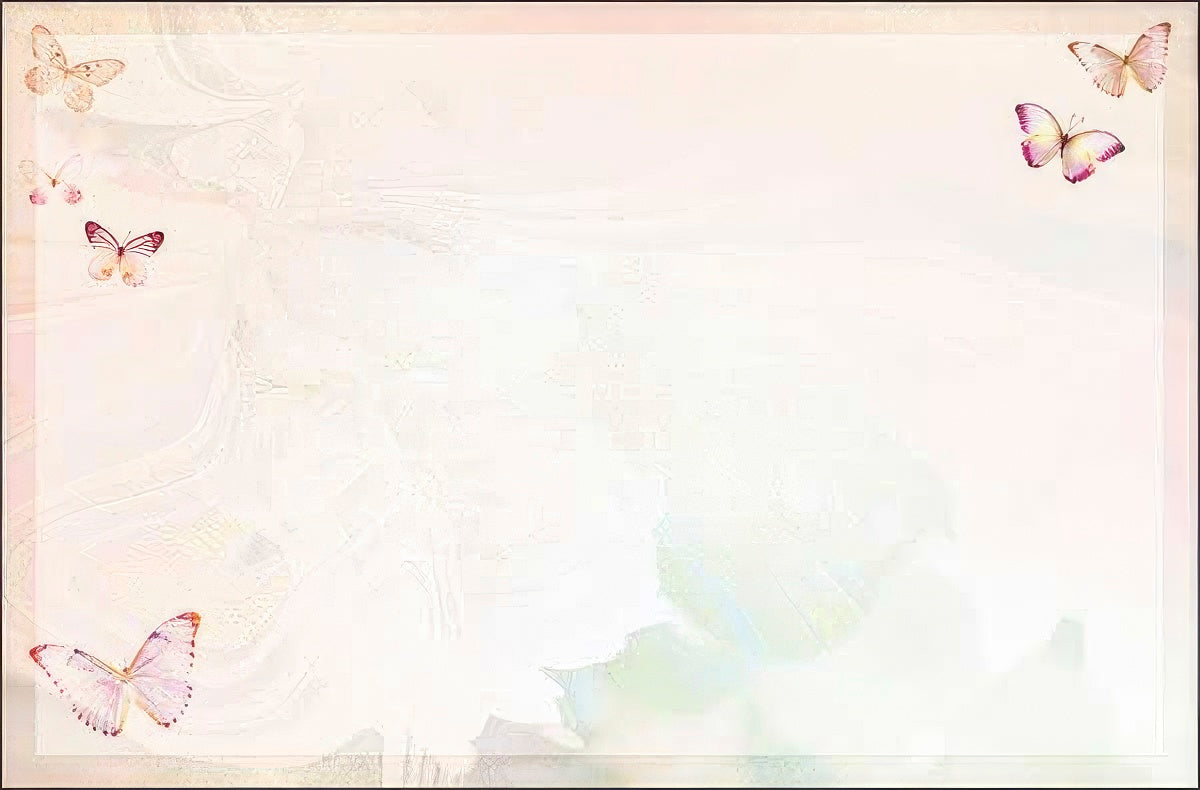 Blank greeting card background featuring a soft, muted pastel watercolor wash, with small, graceful butterflies subtly adorning the corners. Perfect for personal handwritten messages.