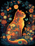 Vibrant botanical cat art greeting card featuring an orange feline embellished with luminous flowers and intricate foliage on a dark background, perfect for heartfelt messages.