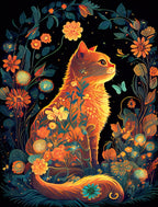 Vibrant botanical cat art greeting card featuring an orange feline embellished with luminous flowers and intricate foliage on a dark background, perfect for heartfelt messages.
