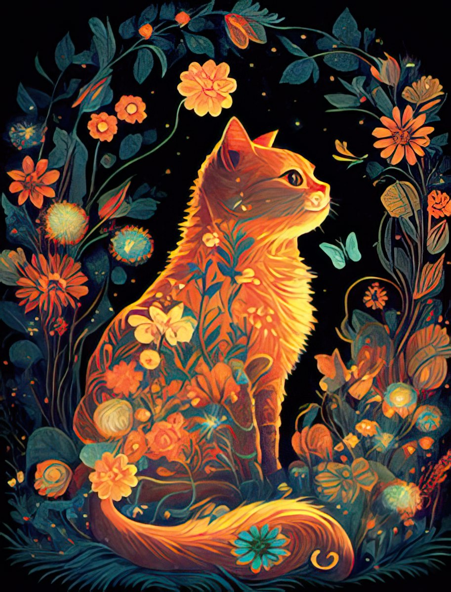 Vibrant botanical cat art greeting card featuring an orange feline embellished with luminous flowers and intricate foliage on a dark background, perfect for heartfelt messages.